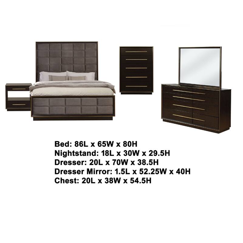 Lyni 5pc Tall Queen Bedroom Set, Gold Accents, Brown, Gray Upholstery
