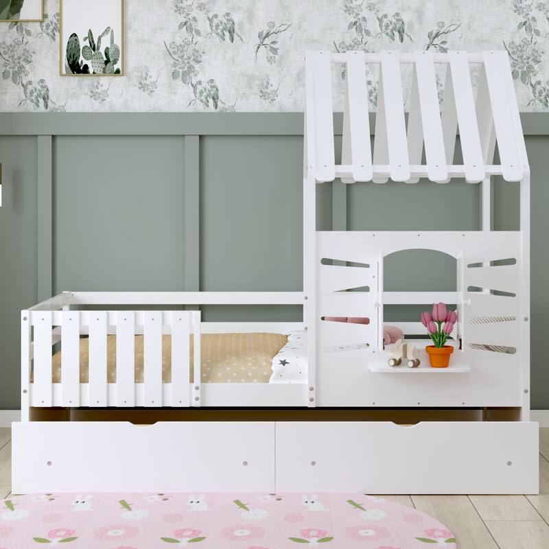 Twin Size House Bed Wood Kids Bed Frame with 2 Storage Drawers, Window and Guardrails for Bedroom, Easy Assembly - White - Twin