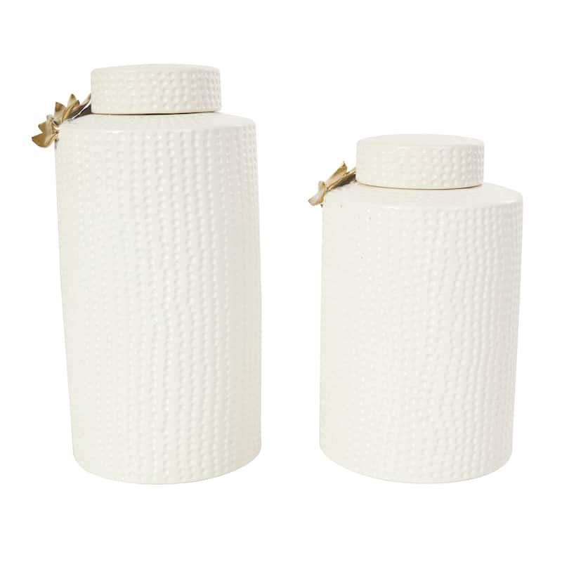 Ceramic Leaf Decorative Jars with Abstract Spotted Pattern and Gold Accents - Set of 2 White - Roche River Decor