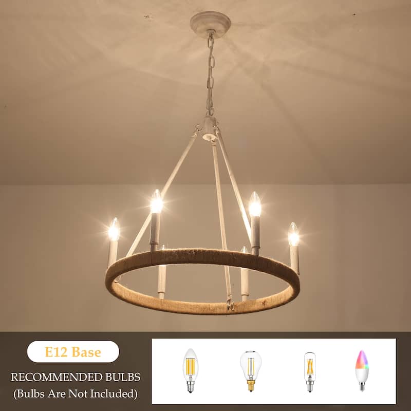 6-Light Rustic Hemp Rope Wagon Wheel Chandelier for Bedroom Foyer Entryway