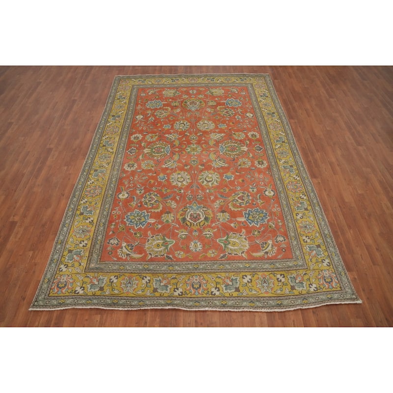 Hand Knotted Oriental 100% Wool Carpet Traditional All-Over Oranges & Rust Tabriz Area Rug - 11' 3'' X 7' 7''