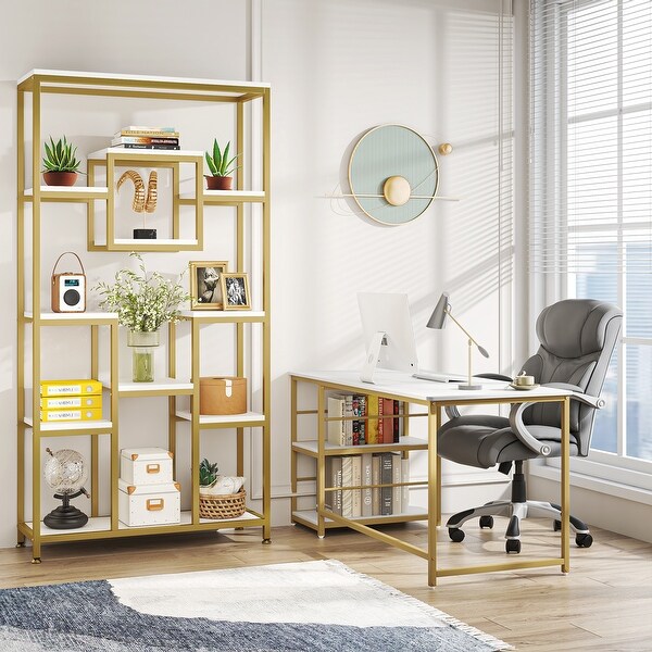 71 Inch Modern Bookcase Shelving Display Rack White Gold Book Shelves for Home Office Wood and Metal On Sale Bed Bath Beyond 36686471