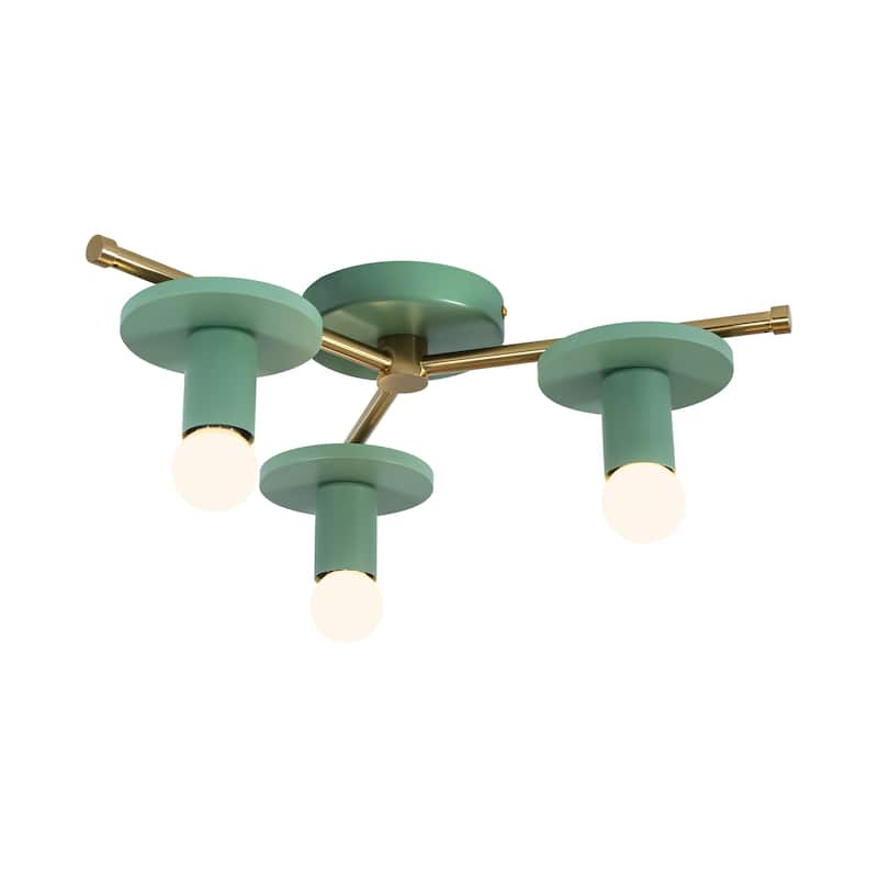 17.5" W 3-Light Modern Green/Black Sputnik Metal Wooden Semi-flush Mount Ceiling Light for Living Room, Bedroom