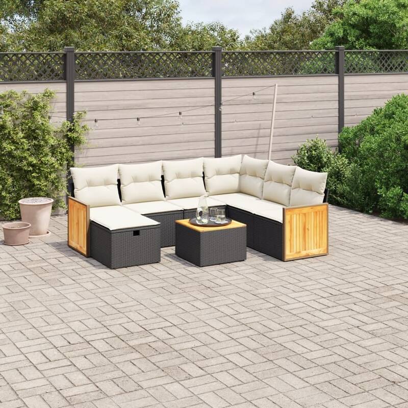 vidaXL Patio Sofa Set with Cushions Outdoor Conversation Furniture Poly Rattan - Black and cream with table - 24.4 x 24.4 x 27.2 in