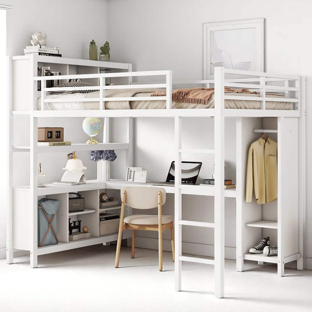 Metal Loft Bed Full/Queen with Desk, Wardrobe & Storage Shelves for Teens and Adults, Sturdy Frame, No Box Spring