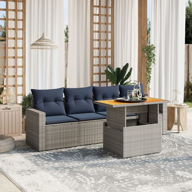 vidaXL Patio Sofa Set with Cushions Outdoor Furniture 5 Piece Poly Rattan - Gray - 25.8" x 24.4" x 27.2"