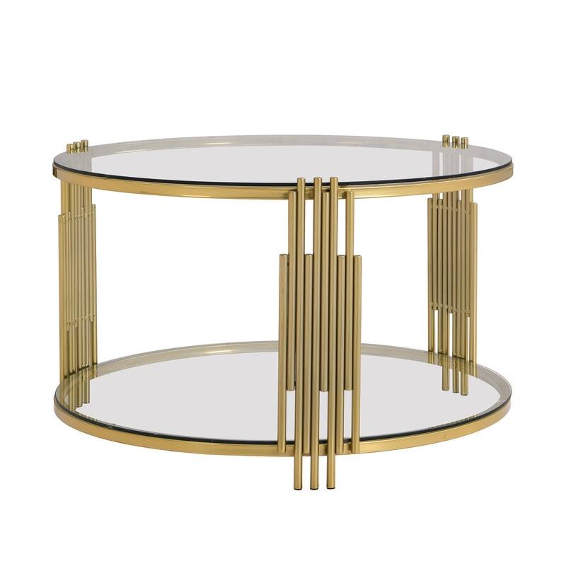 Modern 2-Tier Mirror Coffee Table with Asymmetrical Metal Legs, Round Metal Drum Base Cocktail Table