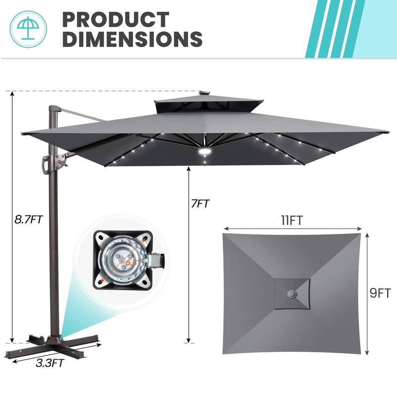 9 FT x 11 FT Outdoor Double Top LED Lighted Patio Cantilever Umbrella