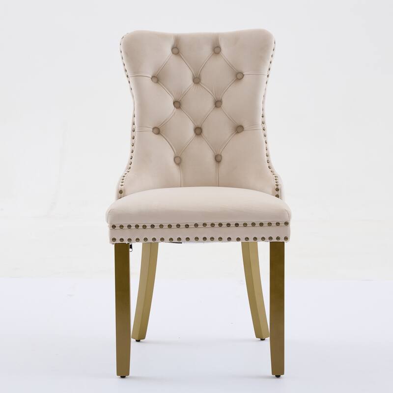 Velvet Dining Chairs Set of 2, Tufted Dining Chairs with Nailhead Trim, Kitchen Chairs with Lion Head Pulls Ring & Wooden Legs - Beige