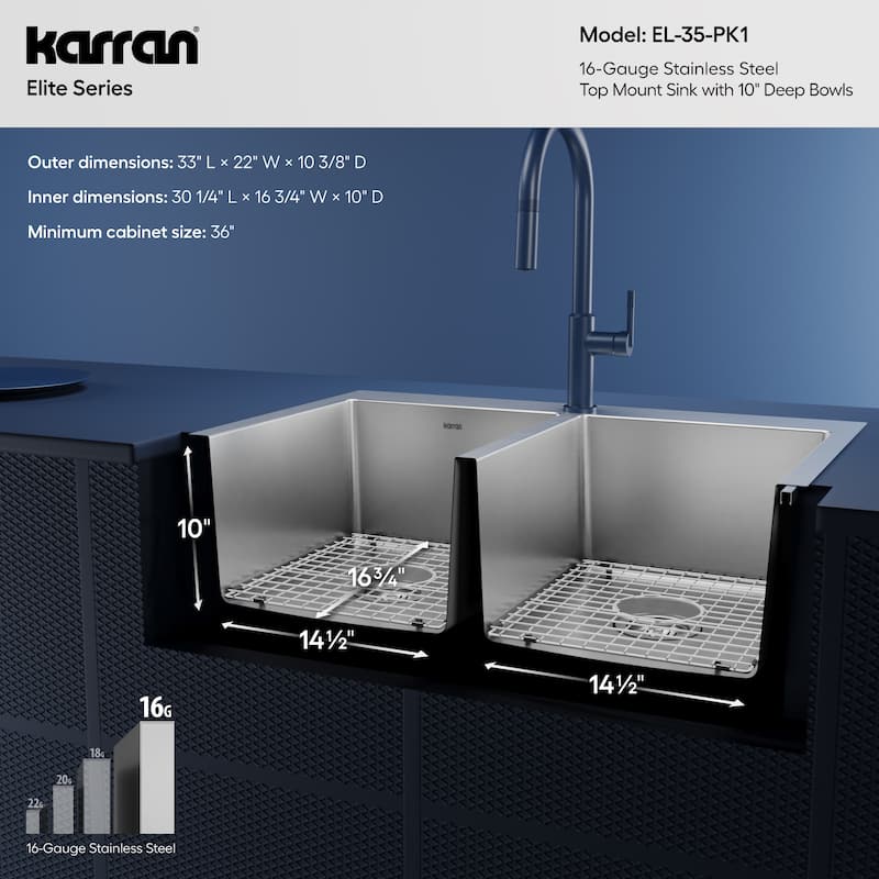 Karran 33" Top Mount Double Equal Bowl Stainless Steel Sink Kit