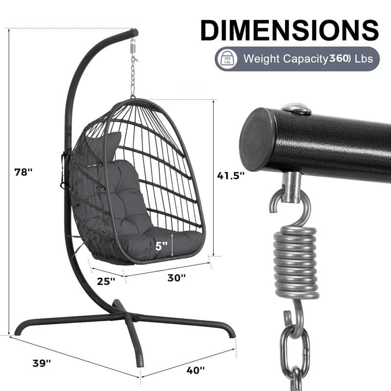 Oversized 1-Person Foldable Hanging Egg Chair - Wicker Swing Chair with Stand, Portable for Indoor Outdoor Patio