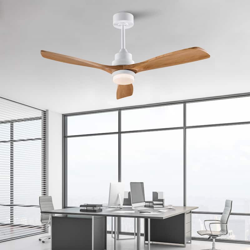 52 Inch Modern Ceiling Fan with LED Light, 3 Solid Wood Blades, Remote Control (3-Color Dimmable & Reversible)