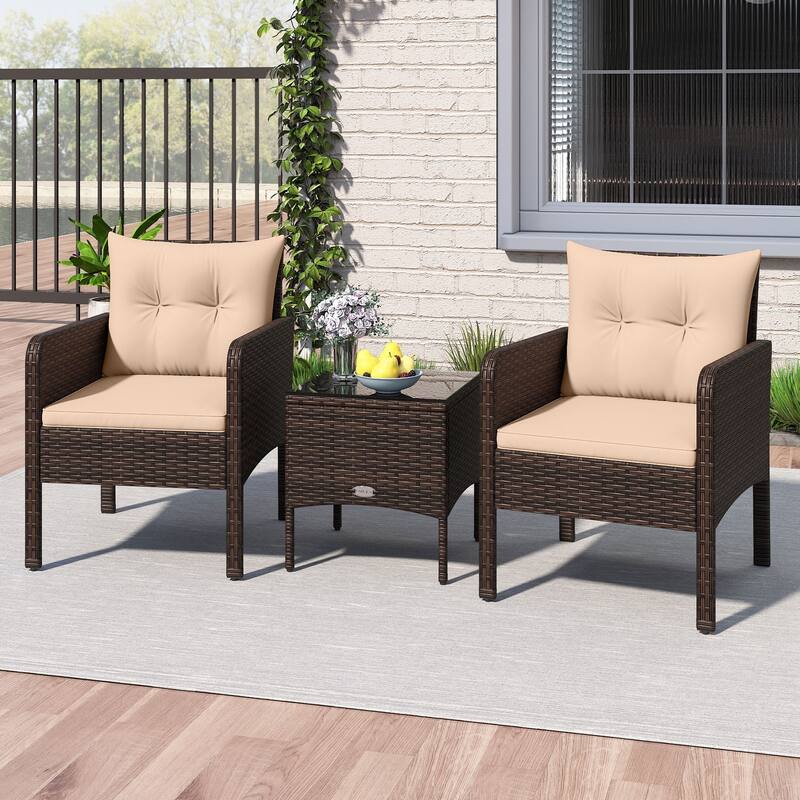 Gymax 3 PCS Patio PE Wicker Furniture Set w/Cushions & Tempered Glass