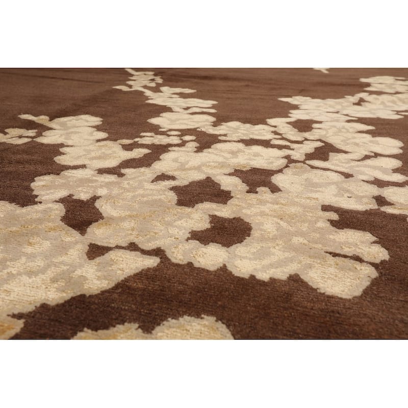 Hand Knotted Brown,Beige Tibetan Wool & Silk Modern Oriental Area Rug - 10' 2'' x 14'