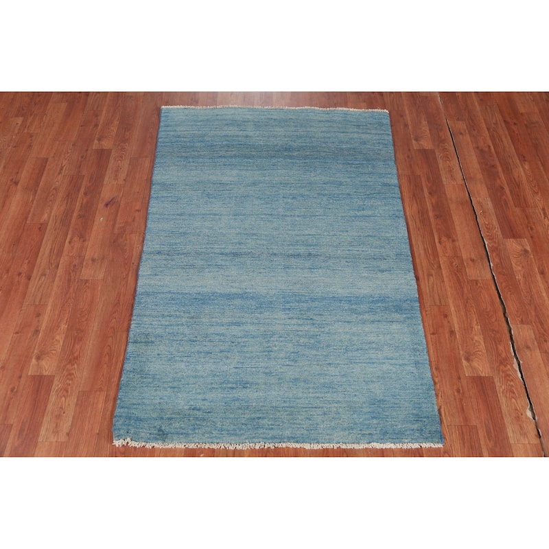 Striped Blue Modern Gabbeh Oriental Rug Hand-Knotted Wool Carpet - 3'2" x 4'9"
