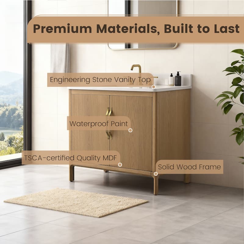 36" Freestanding Bathroom Vanity with Engineered Stone Top, Ceramic Sink, Built-In Power Outlet, and Soft-Close Doors