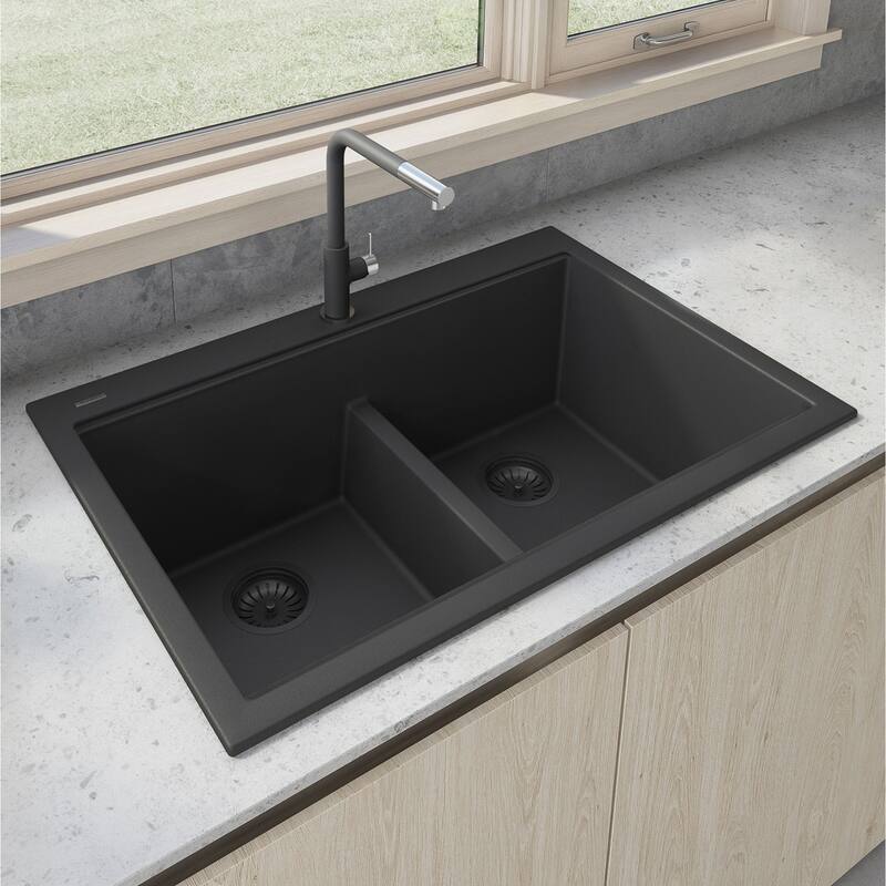 Ruvati 33 x 22 inch epiGranite Drop-in TopMount Granite Composite Double Bowl Low Divide Kitchen Sink - Midnight Black