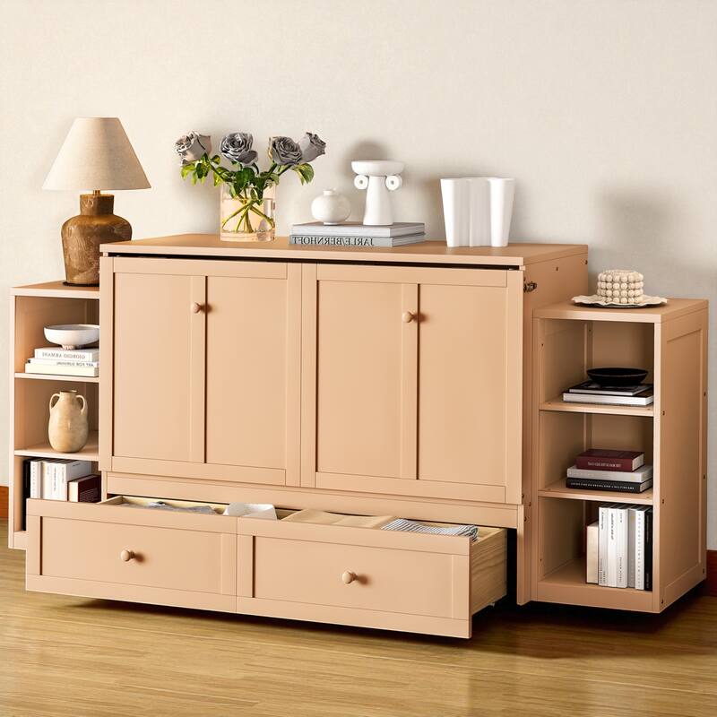 Full/Queen Size Murphy Bed with Storage Drawers and Shelves, Space-Saving Foldable Wall Bed for Guest Room