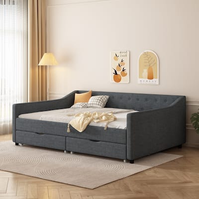 Full Size Upholstered Tufted Daybed with 2 Drawers and Button on Back