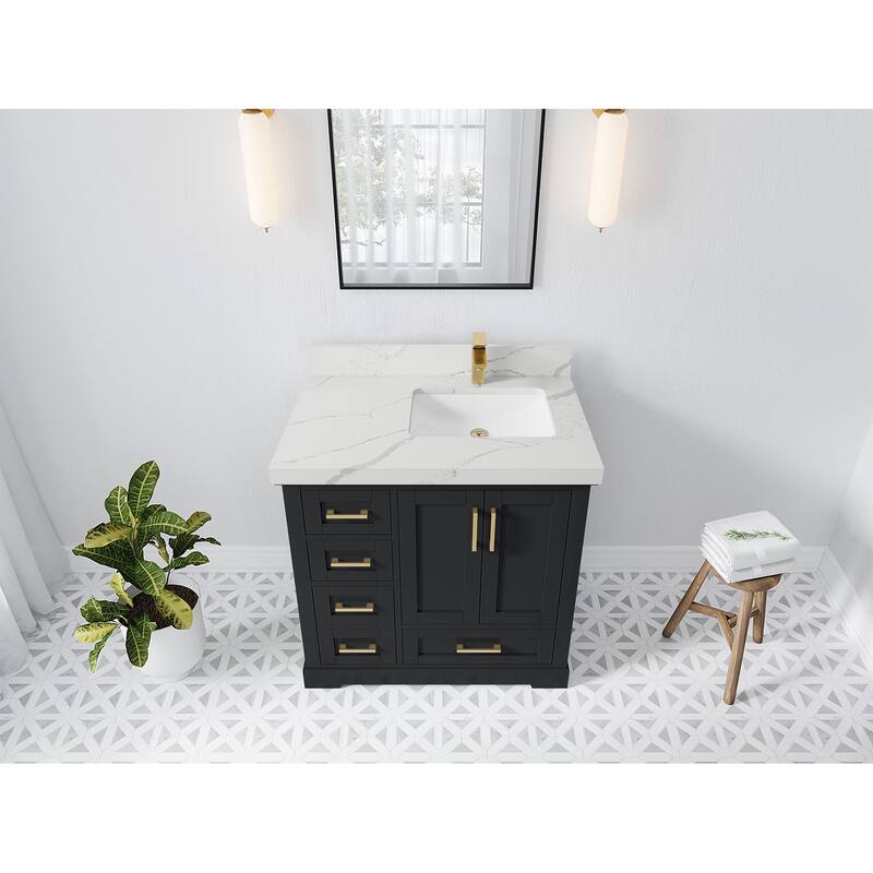 Willow Collections 36 x 22 Boston Right Offset Sink Bathroom Vanity with Quartz or Marble Countertop