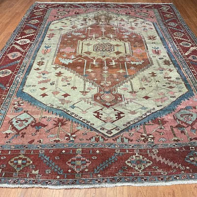 HERAT ORIENTAL Handmade 1850's Antique Serapi Wool Rug - 9'6" x 12'9"