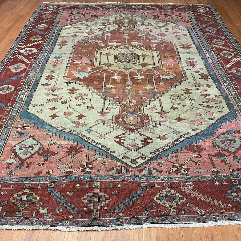 HERAT ORIENTAL Handmade 1850's Antique Serapi Wool Rug - 9'6" x 12'9"