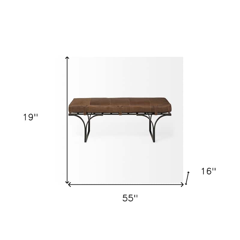 HomeRoots 55" Brown and Black Upholstered Genuine Leather Bench - 55