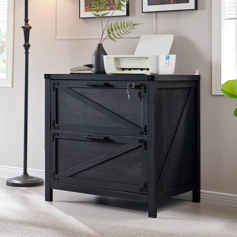 Farmhouse 2 Drawer File Cabinet, Lateral Filing Cabinet with Lock - Black