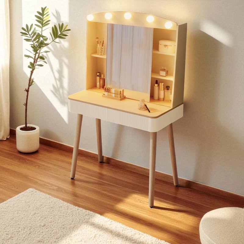 Small Vanity Desk with Sliding LED Mirror, Fluted Drawers and Adjustable Lighting for Makeup Storage