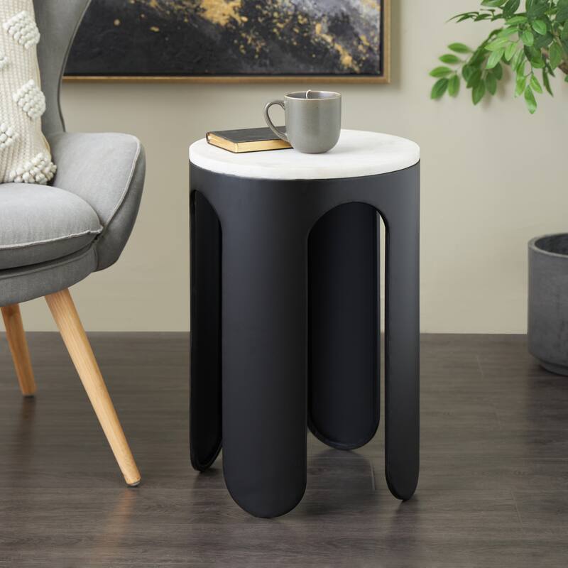 Black Metal Round Side End Accent Table with White Marble Tabletop - Black