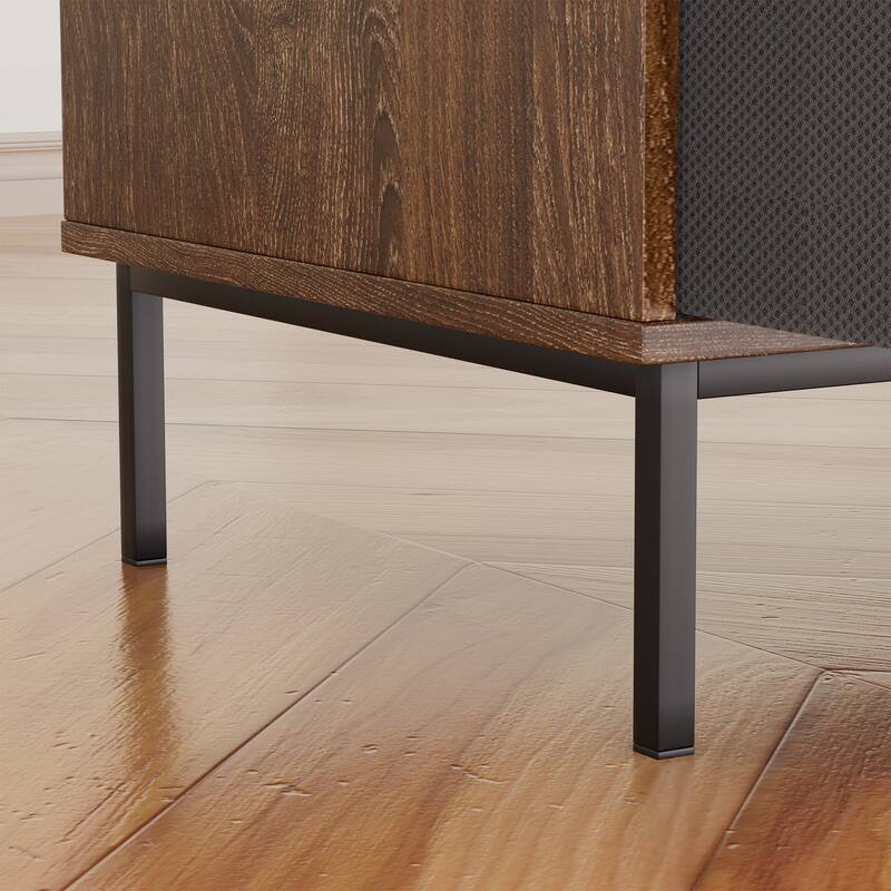 Record Player Stand with Power Outlet & Flip-Down Lid,Turntable Table with Storage,Media Console with 2 Drawers