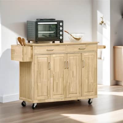 Kitchen Island on Wheels, Natural Hardwood Kitchen Cart with Drawers