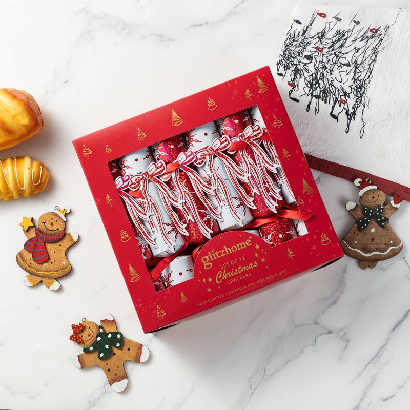 Glitzhome 24PK Christmas Candy Cane & Snowflake with Bow Party Crackers with Gift Contents