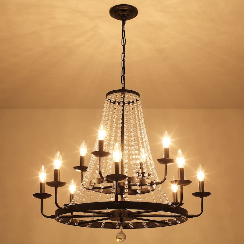 12-Light 29.52-inch Crystal Round Wagon Wheel Chandelier for Dining Room
