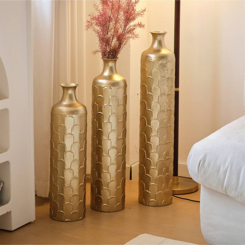 Decorated Floor Glazed Metal Vases (Set of 3)