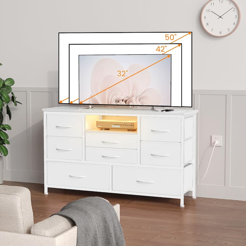 8-Drawer Fabric TV Stand with LED Lights & Built-in Power Outlets