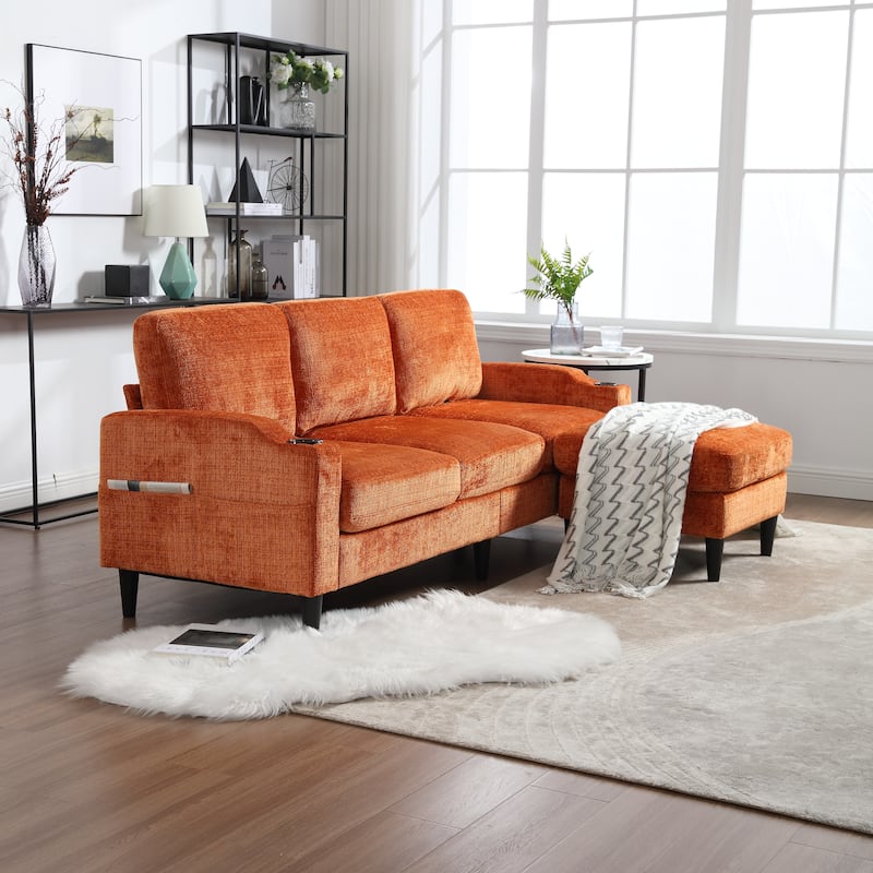 Modular Sectional Sofa with Storage Ottoman, Comfy Chenille Fabric Sofa, 3-Seater Sofa with Side Pockets & 2 Cup Holders