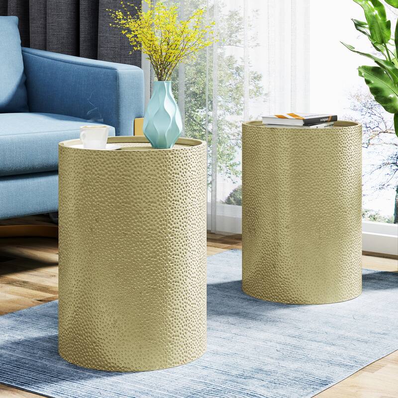 Modern Round Side Table with Gorgeous Hammered Surface and Sturdy Iron Frame for Living Room (Set of 2)