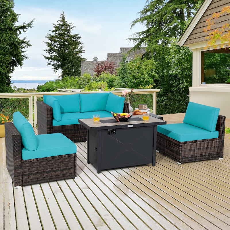 Costway 6PCS Patio Furniture Set Rattan Cushioned Sofa Gas Fire Pit - See Details - Turquoise