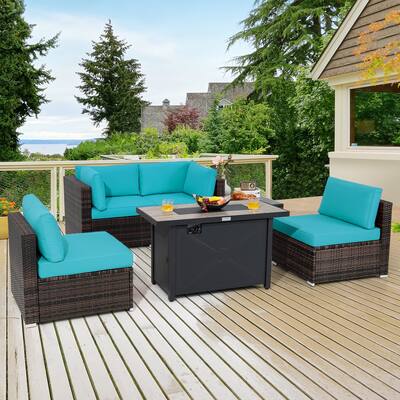 Costway 6PCS Patio Furniture Set Rattan Cushioned Sofa Gas Fire Pit - See Details