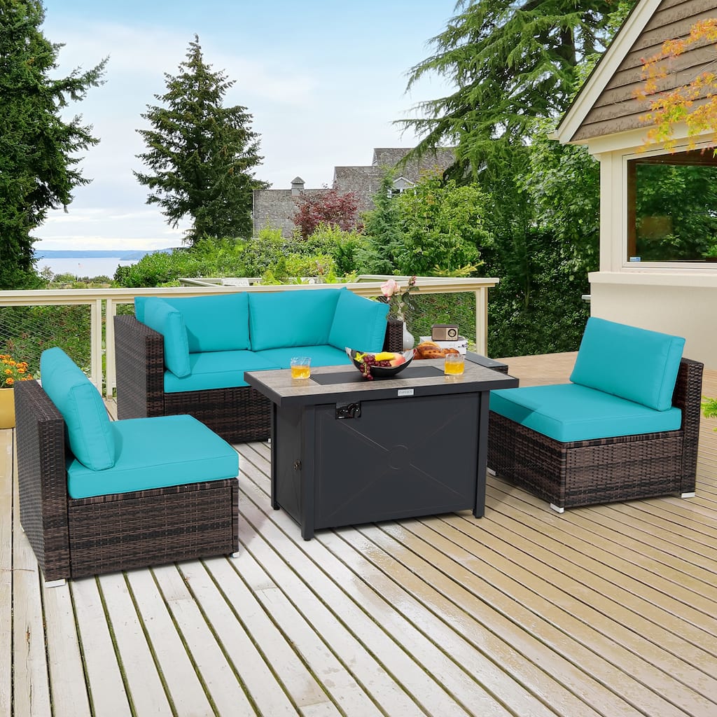 Costway 6PCS Patio Furniture Set Rattan Cushioned Sofa Gas Fire Pit - See Details