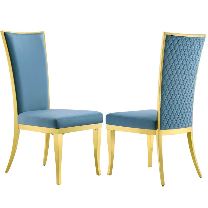Upholstered dining chair with Hand-stitched diamond backrest and polished stainless steel legs - Blue/Gold