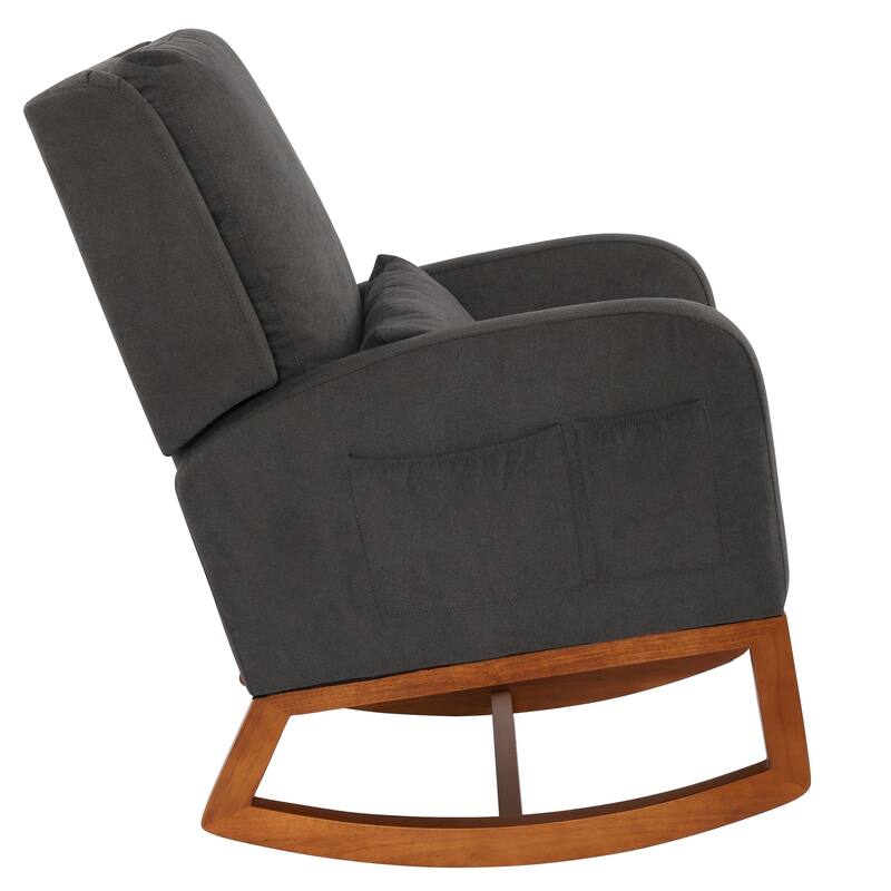 Nursery Rocking Chair High Back Armchair with Side Pocket Rubber Wood Legs and Pillow Flannel Chair for Living Room/Bedroom
