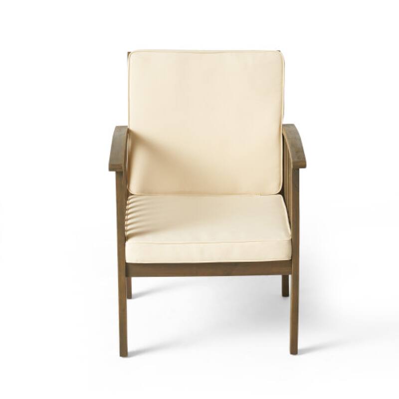 Roomfitters Outdoor Acacia Wood Chairs Set of 4 Heavy-Duty Dining Armchairs Farmhouse Style Grey Finish with Cream Cushions