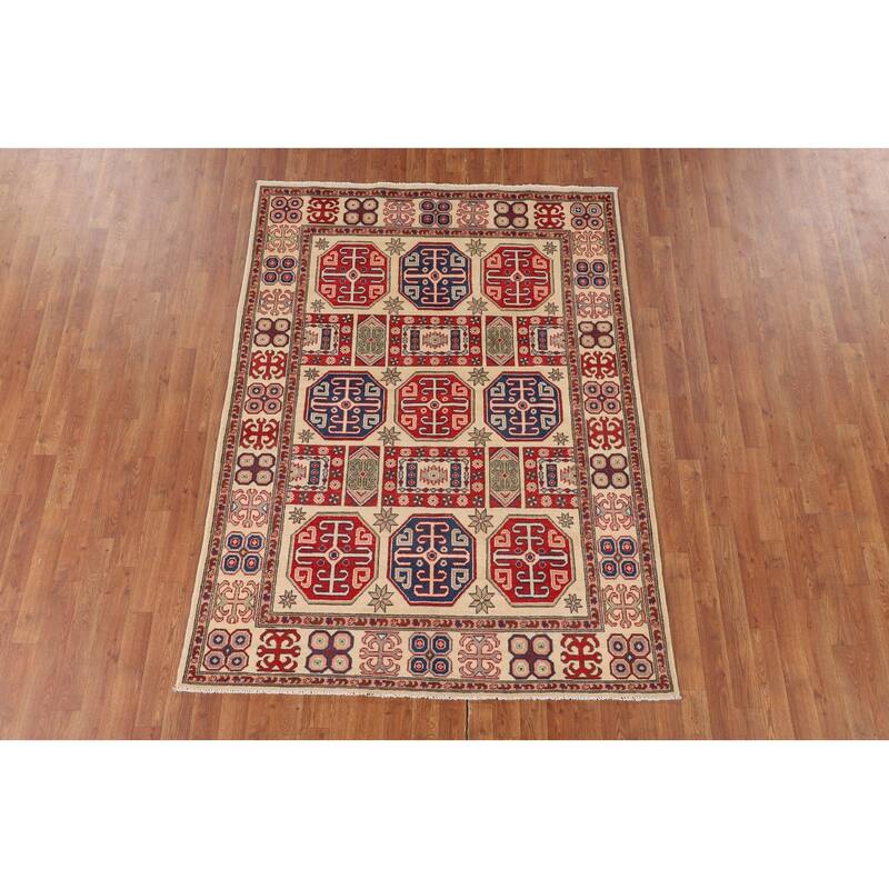 Geometric Kazak Oriental Area Rug Hand-Knotted Bedroom Wool Carpet - 5'0" x 6'9"