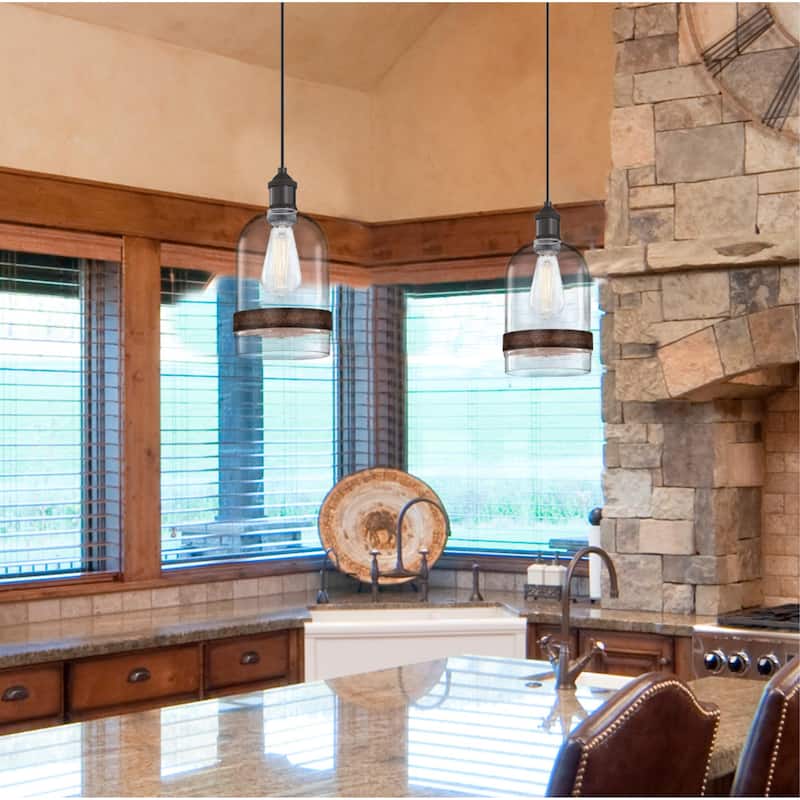 Westinghouse Lighting Tarrant One Light Indoor Mini Pendant, Black-Bronze Finish, Clear Seeded Glass with Barnwood Band