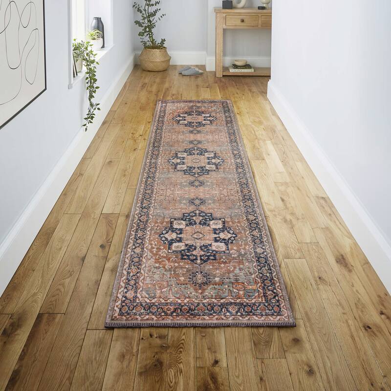 JONATHAN Y Marrakesh Ornate Medallion Machine Washable Area Rug - 2 X 8 - Beige/Blue