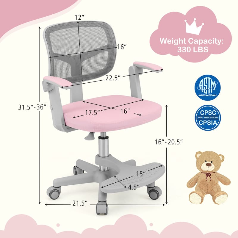 Height Adjustable Children Desk Chair with Swivel Base and Lumbar Support Smooth Wheels - 22.5" x 21.5" x 31.5"-36"