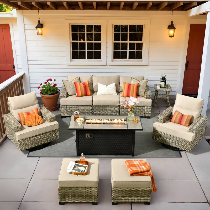 HOOOWOOO 9-piece Outdoor Wicker Furniture Swivel Rocking Chair Set with Fire Pit Table - Beige