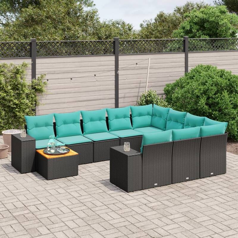 vidaXL 11 Piece Patio Sofa Set with Cushions Black Poly Rattan - 24.4 x 24.4 x 27.2 - Black-Table + 2x corner + 6x middle